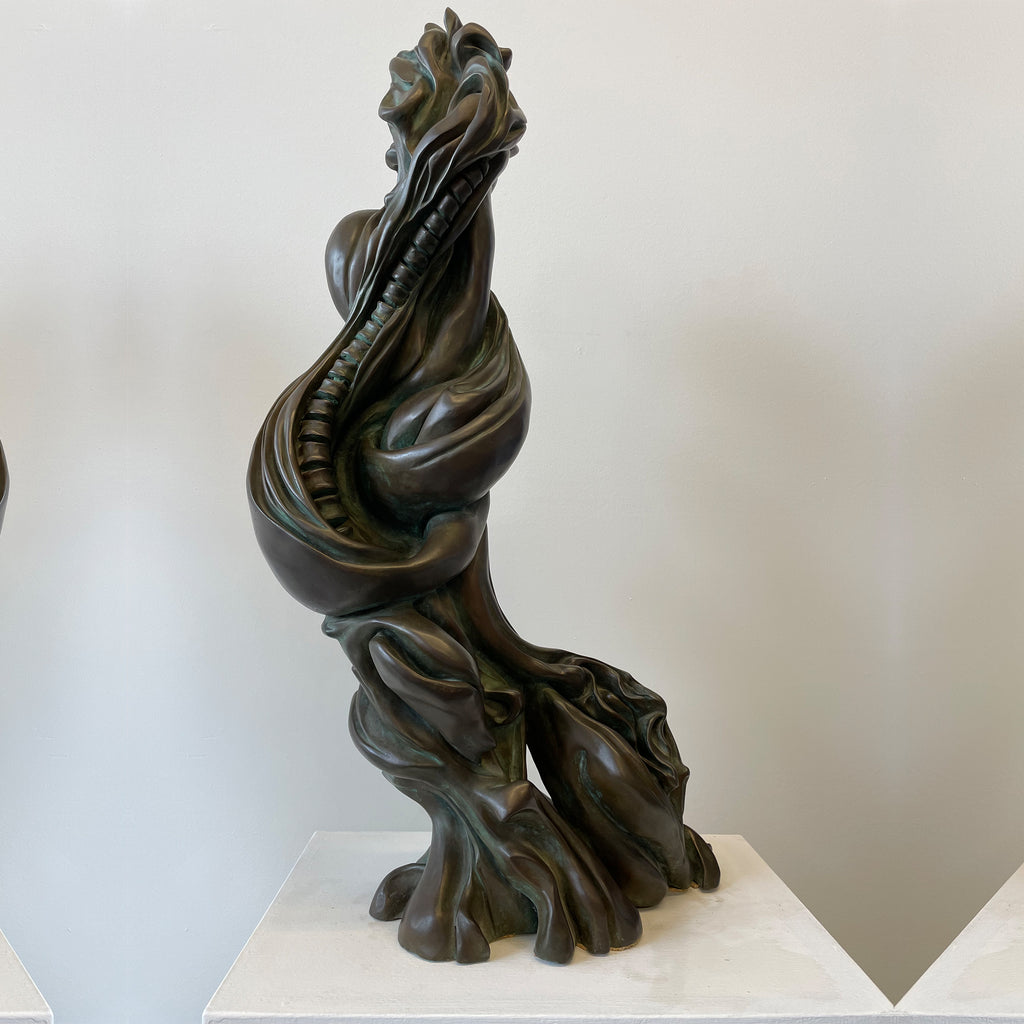 The artwork 'EYE' by Nora Chavooshian features a dynamic bronze sculpture with fluid, spiraling forms rising upward in a dramatic twist. The dark patinated surface creates sinuous curves and deep folds, resembling flowing fabric or natural formations. Standing 27 inches tall, the abstract piece demonstrates masterful metalwork with its smooth, continuous lines and organic movement.
