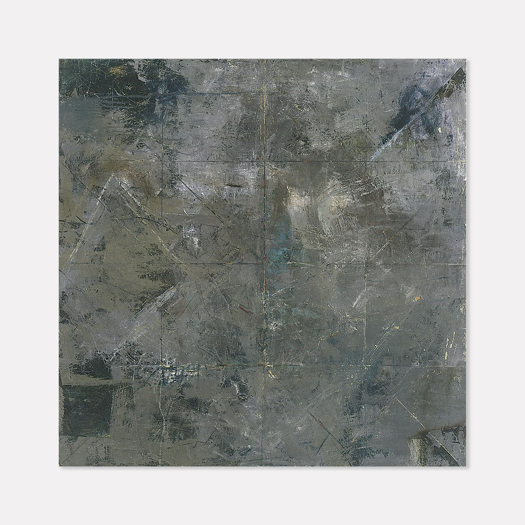 The artwork 'Face Number Five' by Barbara Groh features a textured abstract composition in muted grays and slate blues. The 48x48 inch oil painting displays a weathered, industrial aesthetic with scratched and layered surfaces, creating depth through various tonal values and brushwork techniques that suggest an aged concrete or metal surface.