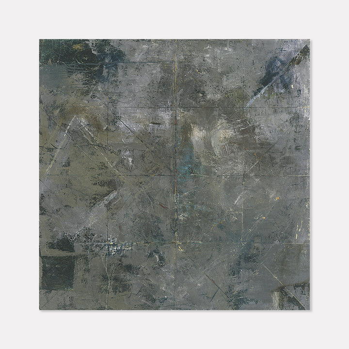 The artwork 'Face Number Five' by Barbara Groh features a textured abstract composition in muted grays and slate blues. The 48x48 inch oil painting displays a weathered, industrial aesthetic with scratched and layered surfaces, creating depth through various tonal values and brushwork techniques that suggest an aged concrete or metal surface.