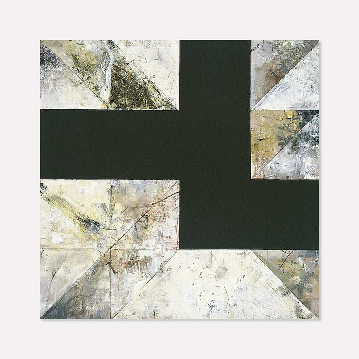 The artwork 'Face Number One' by Barbara Groh features a striking geometric composition with a bold black cross against a textured white background. Abstract expressionist brushstrokes in muted yellows and greys create dynamic movement across the canvas, while scratched and weathered surfaces add depth and complexity to this 48x48 inch oil painting. - Barbara Groh