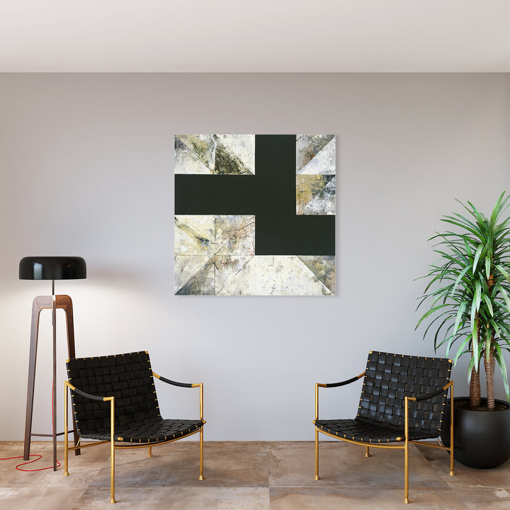 The artwork 'Face Number One' by Barbara Groh features a bold geometric composition with a distinctive dark green L-shaped form contrasting against a textured white and beige background. The abstract oil painting showcases angular shapes with marbled effects and subtle color variations, creating a modern minimalist aesthetic on a 48x48 inch canvas.