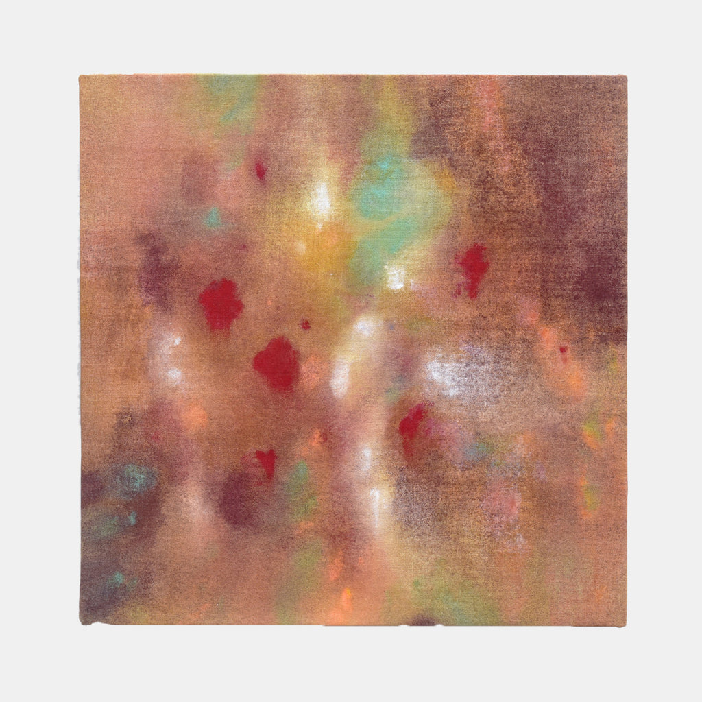 The artwork 'Fall Flowers' by Takashi Harada features abstract floral forms rendered in soft peach and copper tones with vibrant red accents and gentle turquoise highlights. The mixed media piece combines acrylic and cray pastel on cotton, creating a dreamy, atmospheric effect with blended colors and ethereal light spots throughout the 11.75-inch square composition. By Takashi Harada.