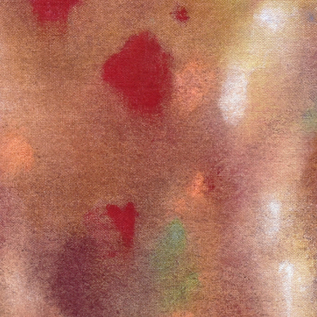 The artwork 'Fall Flowers' by Takashi Harada features a dreamy abstract composition with soft coral and peach tones blending into deep crimson accents. Delicate spots of sage green add depth, while ethereal white highlights create a luminous effect. Created with acrylic and cray pastel on cotton, the piece evokes the subtle beauty of autumn florals through its impressionistic style.