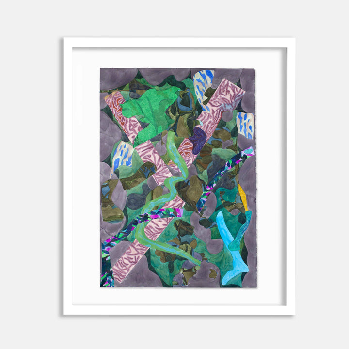The artwork 'Falling' by Winnie Sidharta features an abstract watercolor composition with vibrant emerald green shapes intertwined with pink and blue geometric patterns. Dark grey background contrasts with flowing organic forms, creating a dynamic sense of movement. The 48x26 inch piece combines bold brushstrokes with delicate color transitions, showcasing a modern abstract expressionist style.