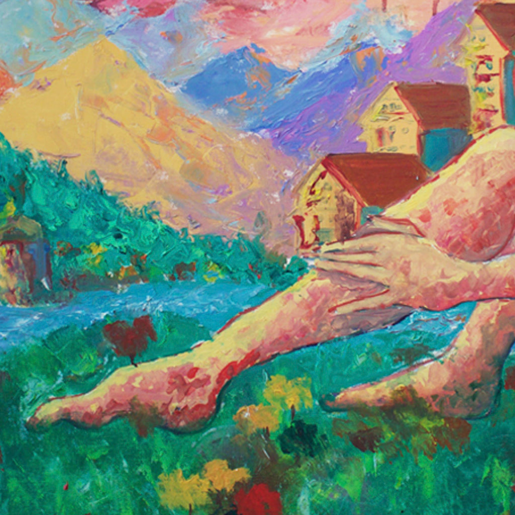 The artwork 'Fantasy' by Jadie Meprivert depicts a vibrant landscape with rustic houses perched on rolling hills, rendered in expressive brushstrokes. A winding path leads to small buildings with red roofs against a colorful sky of pink, blue, and yellow hues. The foreground features emerald green vegetation and a tranquil blue lake, creating a dreamlike pastoral scene in oil on canvas.