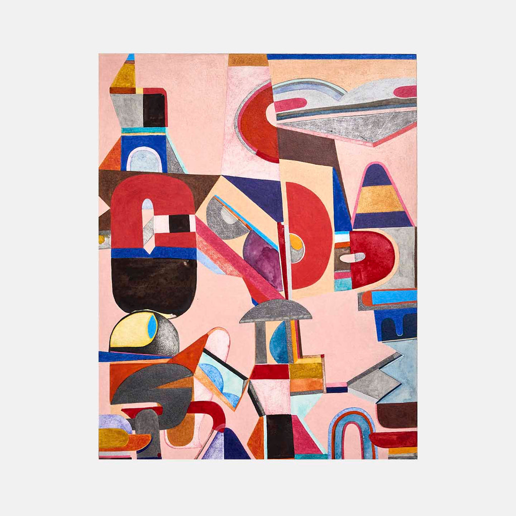 The artwork 'Fatalism dances with hope' by Sasha Hallock features abstract geometric shapes in bold red, blue, and brown against a soft pink background. The composition combines curved and angular forms creating a dynamic, modernist collage effect. Various shapes interlock and overlap, with metallic accents and textural elements in mixed media on paper mounted on wood.