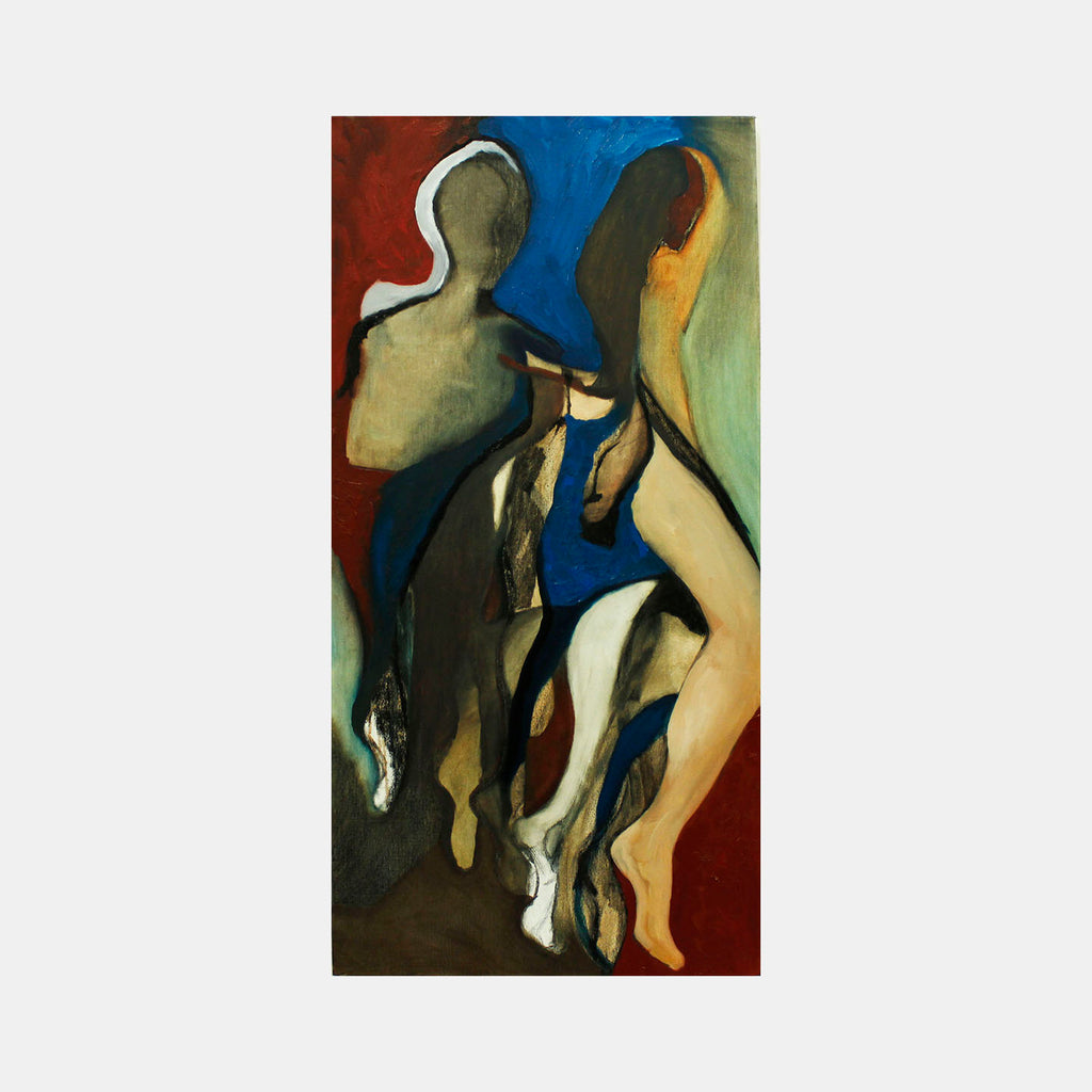The artwork 'Favorite Descent' by Lauren Orscheln features abstract figures rendered in fluid, dynamic strokes against a rich background of deep reds, vibrant blues, and earthy greens. The acrylic and graphite composition on canvas depicts flowing, interconnected forms in muted tones, creating a sense of graceful movement and descent through space.