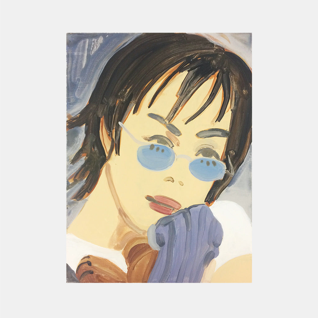 The artwork 'Faye' by Michelle Selwa depicts a contemporary portrait in acrylic featuring bold brushstrokes and a modern color palette. The composition shows a stylized figure wearing blue sunglasses and a purple garment, rendered with expressive strokes against a soft grey background. The piece demonstrates a confident handling of acrylic paint on hardboard panel, measuring 12 x 9 inches.