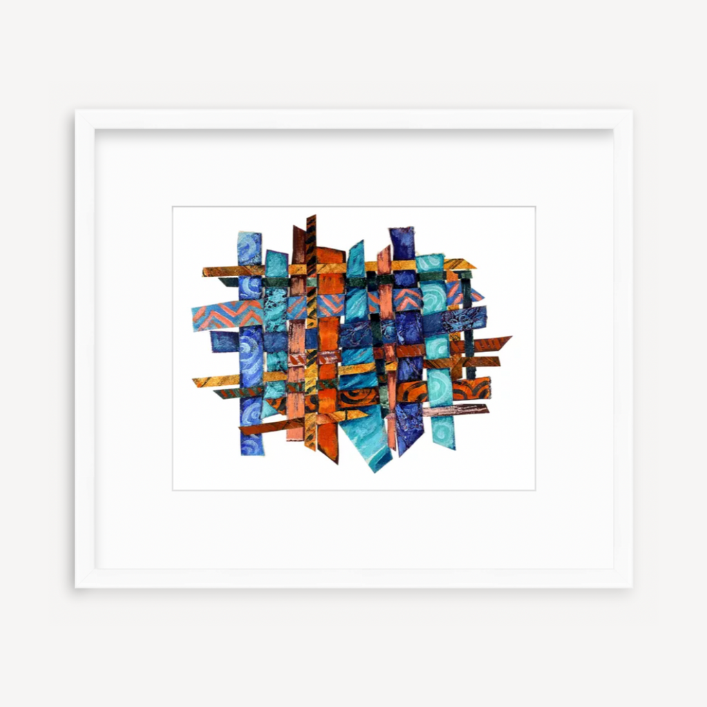 The artwork 'Feeling Active' by Christina Massey features an intricate hand-woven pattern of vibrant blue, turquoise, and burnt orange strips creating a dynamic lattice composition. The mixed media piece combines acrylic on canvas and paper, with geometric elements intersecting to form an energetic abstract design against a crisp white background.