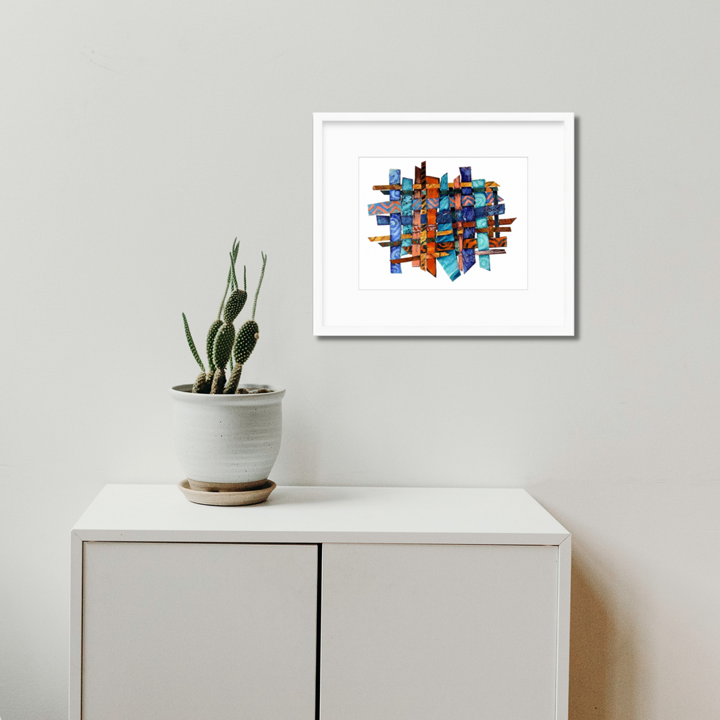 The artwork 'Feeling Active' by Christina Massey features an intricate woven composition of vibrant orange and turquoise strips creating a dynamic abstract pattern. The hand-woven acrylic pieces on canvas and paper form intersecting geometric shapes, mounted on white mat board, expressing movement and energy through contrasting colors and textural elements.