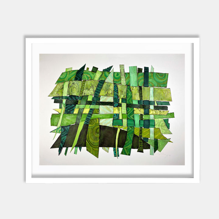 The artwork 'Feeling Alive' features an abstract geometric pattern of interwoven paper strips in varying shades of green, creating a dynamic woven texture. The composition combines dark forest greens with vibrant lime hues, arranged in a mosaic-like pattern with angular cuts and overlapping elements on canvas and paper. By Christina Massey.