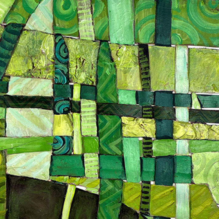 The artwork 'Feeling Alive' by Christina Massey features an intricate mosaic-like pattern composed of geometric shapes in varying shades of green. Abstract squares and rectangles interweave in a textured composition, with swirling patterns and layered paper creating depth. The piece combines emerald, lime, and forest green hues with subtle geometric textures, showcasing a masterful blend of acrylic on canvas and paper.
