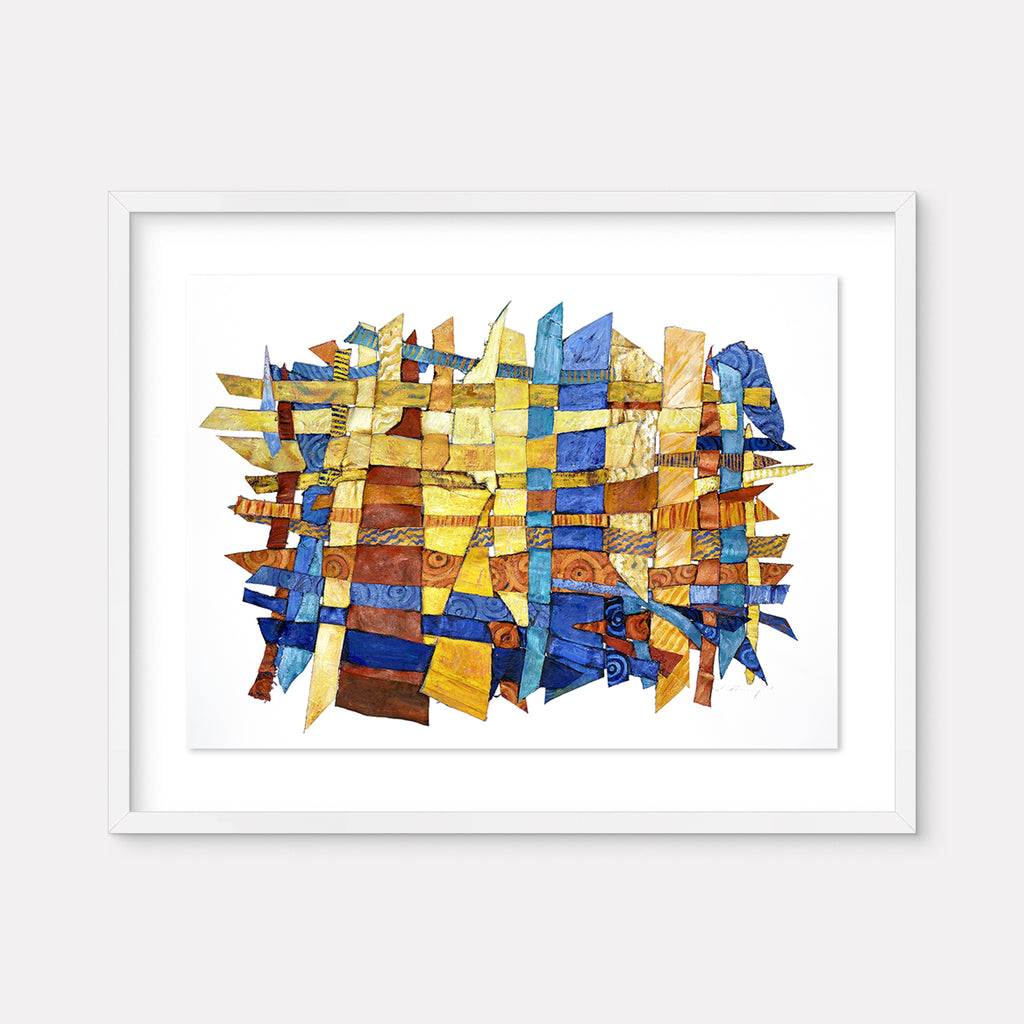 The artwork 'Feeling Beachy' by Christina Massey features an abstract geometric composition of interwoven strips in vibrant cobalt blue, golden yellow, and rust brown. The mixed media piece combines acrylic paint, linocut printing, and threaded elements, creating a dynamic woven pattern that suggests movement and texture within a white frame.