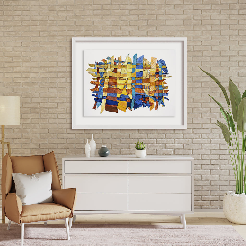 The artwork 'Feeling Beachy' by Christina Massey features an abstract composition of interwoven shapes in vibrant blues and warm golds, created through mixed media techniques of acrylic, linocut, and thread. The geometric fragments create a dynamic pattern reminiscent of ocean waves and sandy beaches, with textural elements adding depth and movement across the canvas and paper surface.