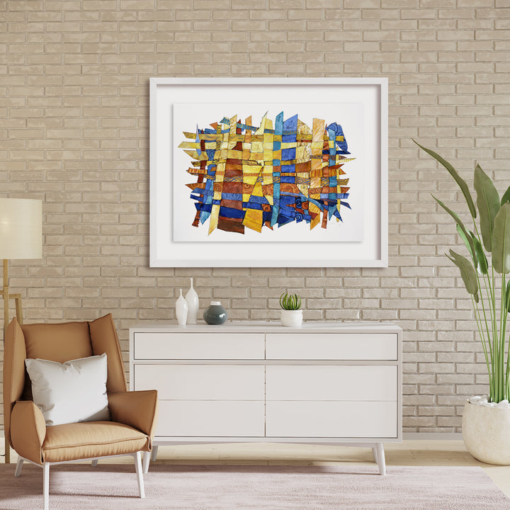 The artwork 'Feeling Beachy' by Christina Massey features an abstract composition of interwoven shapes in vibrant blues and warm golds, created through mixed media techniques of acrylic, linocut, and thread. The geometric fragments create a dynamic pattern reminiscent of ocean waves and sandy beaches, with textural elements adding depth and movement across the canvas and paper surface.