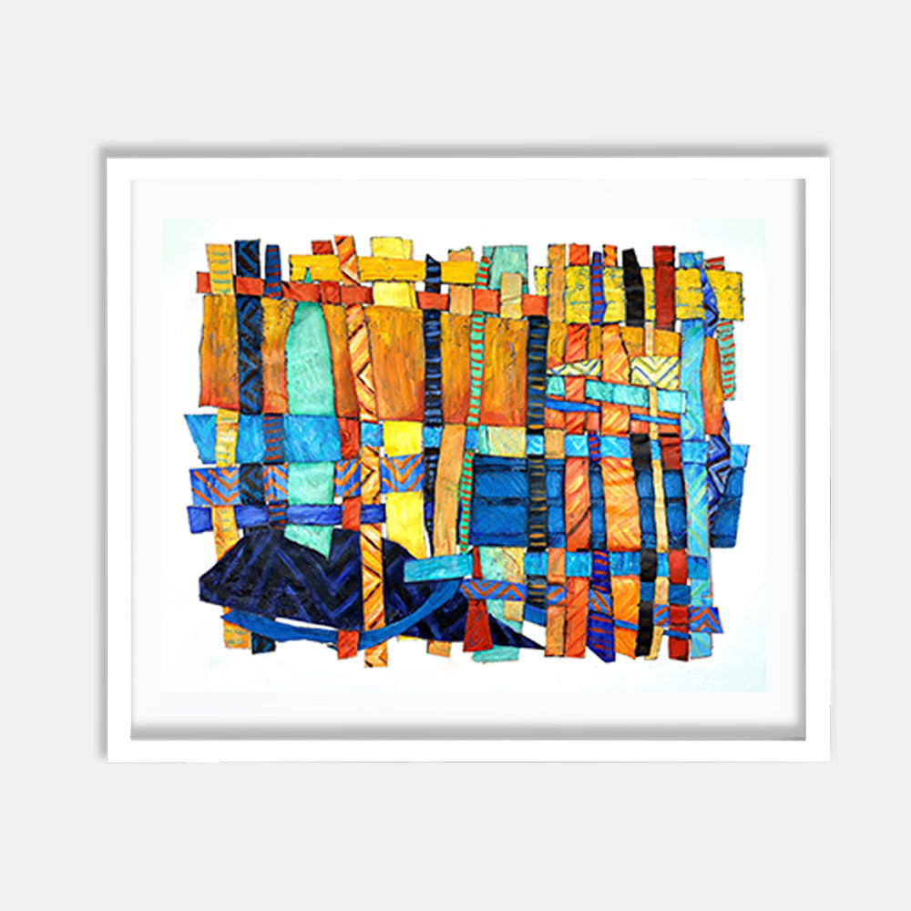 The artwork 'Feeling Bold' by Christina Massey features an abstract geometric composition with interwoven vertical and horizontal strips in vibrant colors. The piece combines turquoise, orange, yellow, and deep blue segments arranged in a mosaic-like pattern. The acrylic on canvas and paper creates a dynamic interplay of angular shapes and linear elements, resembling a colorful urban cityscape.