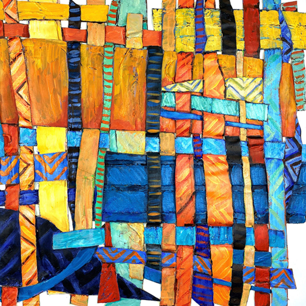 The artwork 'Feeling Bold' by Christina Massey features a vibrant geometric abstract composition with interwoven rectangular shapes in bold orange, turquoise, and cobalt blue. The acrylic painting showcases textured brushstrokes creating a mosaic-like pattern with vertical striped elements, combining warm and cool tones in a dynamic arrangement. Painted on canvas and paper by Christina Massey.