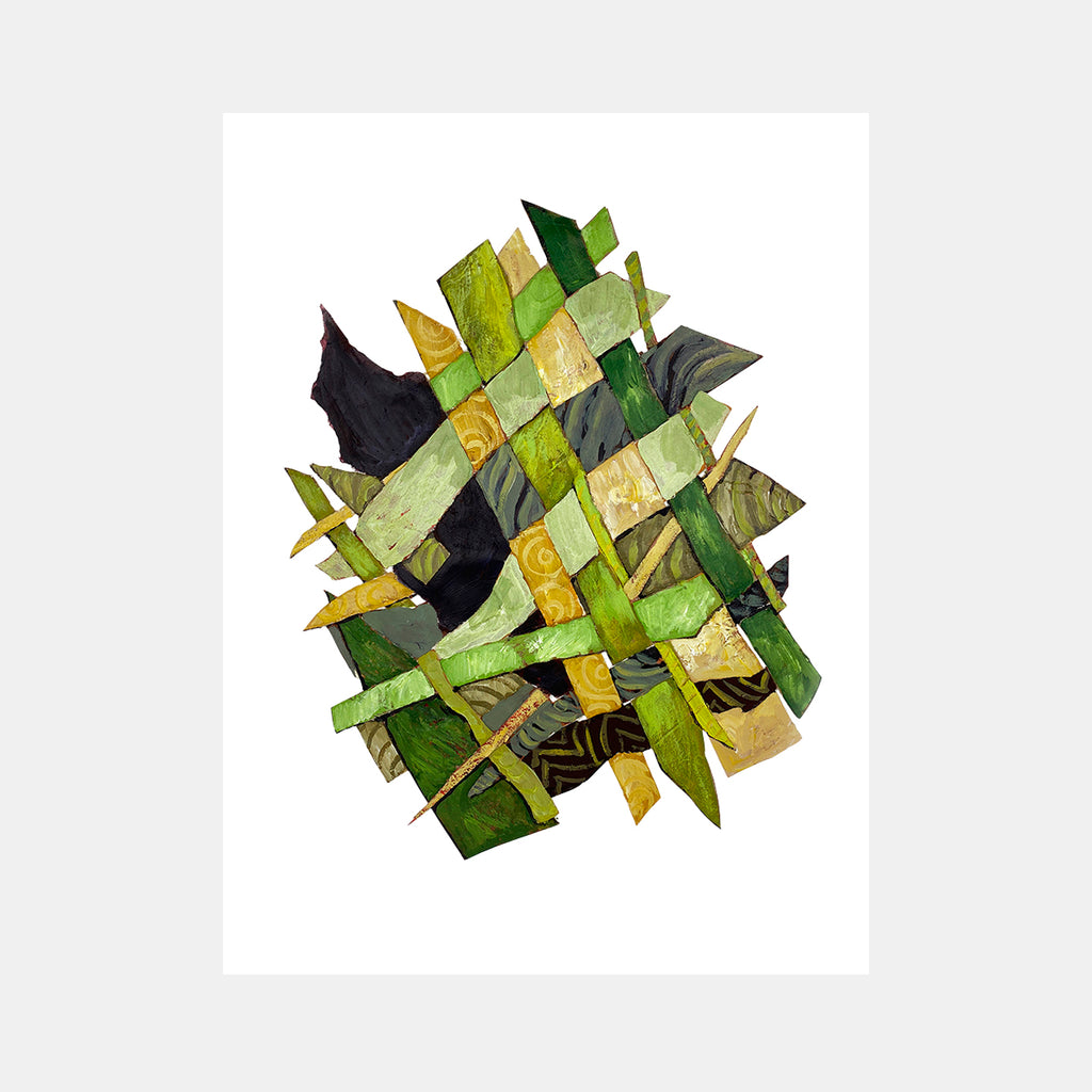 The artwork 'Feeling Growth' by Christina Massey features an abstract geometric composition of interwoven paper and canvas strips in various shades of green, gold, and black. The pieces create a dynamic pattern of angular intersections, showcasing a collage technique with acrylic paint on mixed media, measuring 30x20 inches.