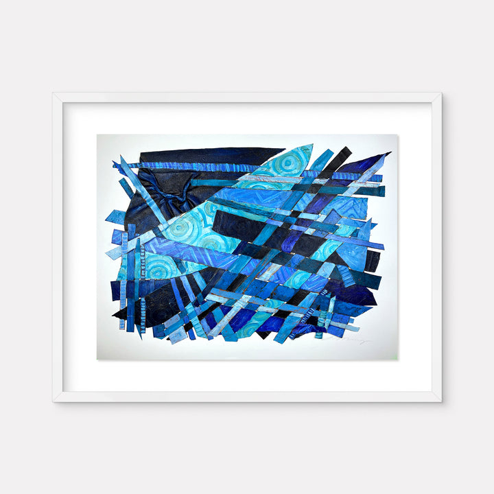 The artwork 'Feeling Liberal' features dynamic geometric fragments in vibrant blues, creating an abstract mosaic pattern. Turquoise spiral motifs contrast against deep navy backgrounds, with intersecting angular shapes. Mixed media composition combines acrylic paint, linocut printing, and threadwork on canvas and paper. By Christina Massey.