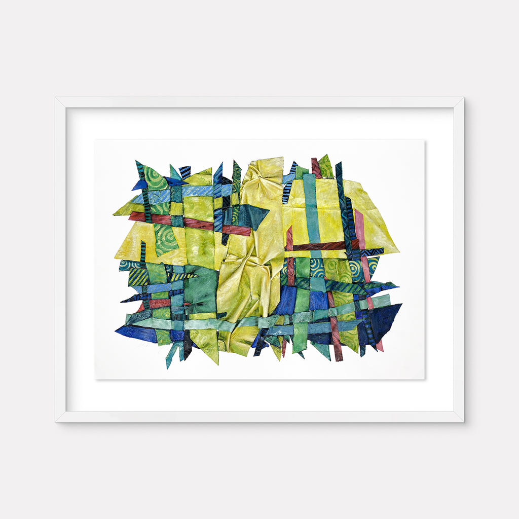 The artwork 'Feeling Lush' by Christina Massey features an abstract composition of interwoven geometric shapes in vibrant greens, blues, and yellow. The mixed-media piece combines linocut patterns with painted elements, creating a dynamic woven texture. Thread details add dimensional interest to the layered canvas and paper artwork, displayed in a white frame.