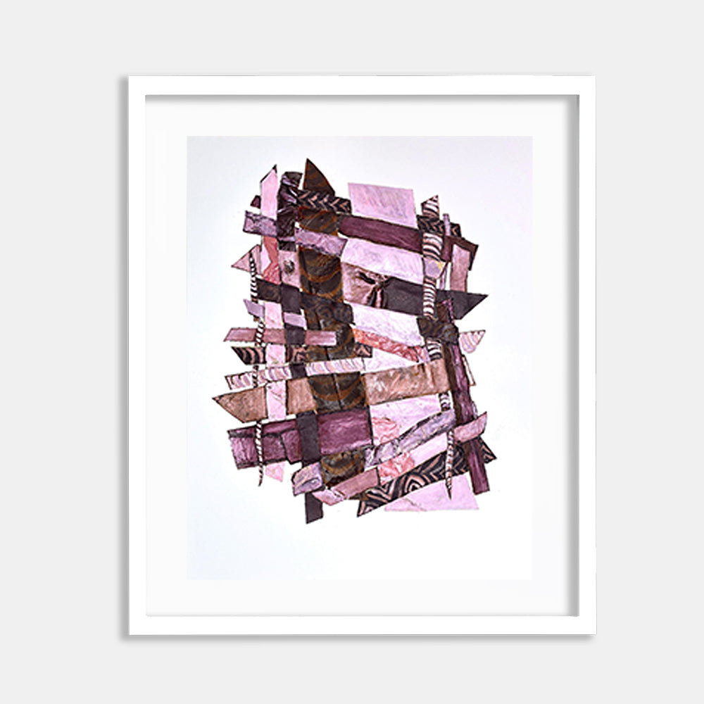 The artwork 'Feeling Magical' by Christina Massey features an abstract collage composition of interwoven geometric shapes in shades of pink, mauve, and deep purple. The mixed media piece combines acrylic paint and paper elements, creating a dimensional layered effect with angular forms intersecting throughout the canvas, framed in crisp white.