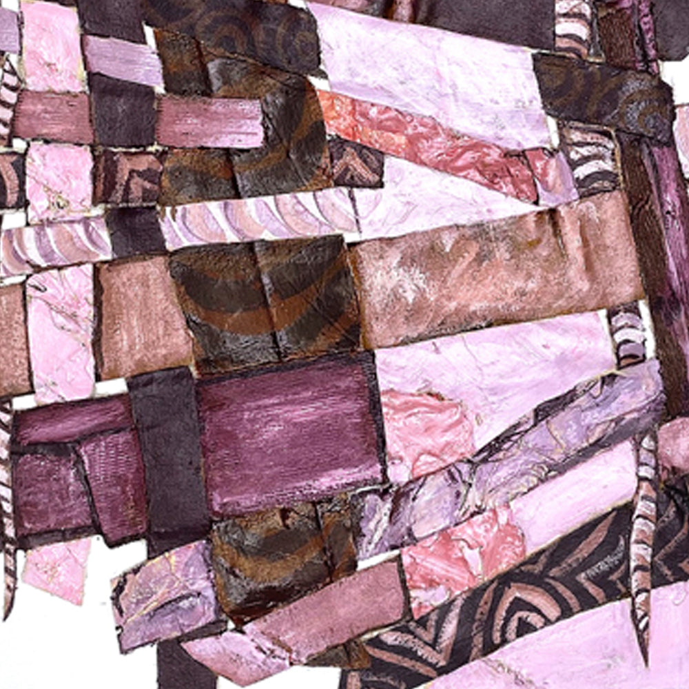 The artwork 'Feeling Magical' by Christina Massey features an abstract collage composition of geometric shapes in various shades of pink, mauve, and brown. The textured pieces appear layered and intersecting, creating a dynamic pattern with diagonal lines and angular forms. Bold black tribal-like patterns accent the softer pink tones, while metallic elements add depth to the mixed media piece.