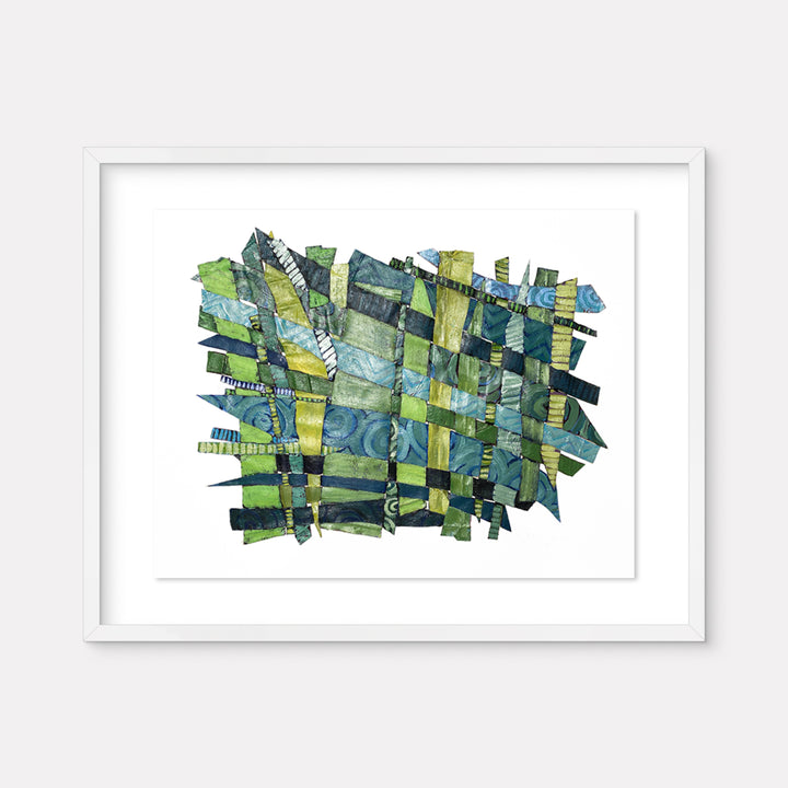 The artwork 'Feeling New' by Christina Massey features an intricate woven pattern of paper strips in various shades of green and blue, creating an abstract mosaic effect. The mixed media piece combines acrylic, linocut, and thread techniques, with textural elements arranged in a dynamic interwoven composition against a white background. The framed artwork showcases a vibrant interplay of forest greens and ocean blues.