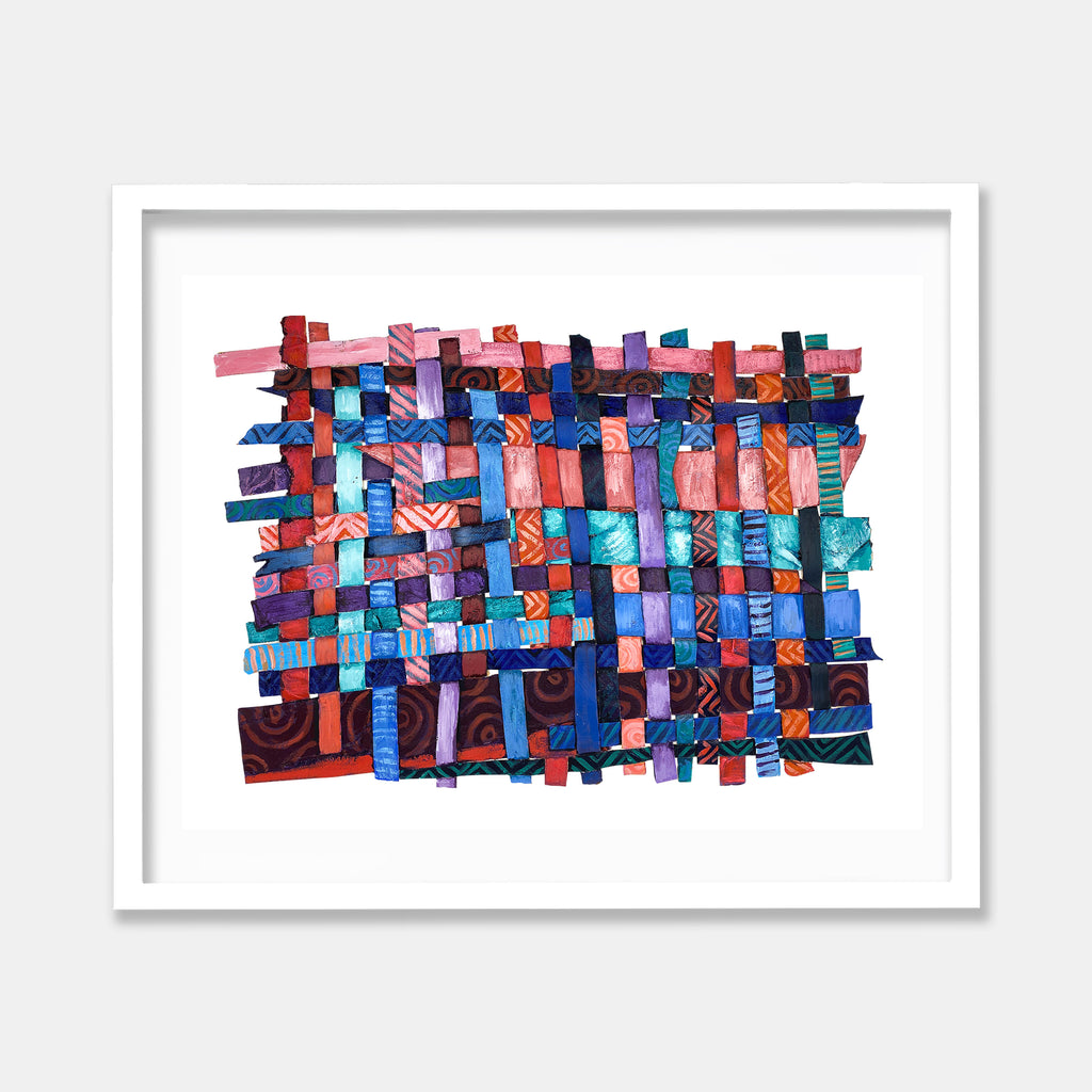 The artwork 'Feeling Unheard' by Christina Massey features an intricate weaving pattern of paper and canvas strips in vibrant blues, teals, reds, and purples. The abstract composition creates a textured grid-like pattern with interwoven elements, showcasing a dynamic interplay of colors and geometric forms through acrylic medium.