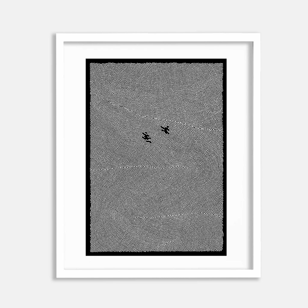 The artwork 'Feelings of the Faraway' by Brittany Kieler features a mesmerizing black and white composition with concentric wavy lines creating a hypnotic spiral pattern. Two small abstract figures float in the center, set against an intricate background of flowing lithographic lines on cotton rag paper, suggesting a sense of distance and ethereal movement.