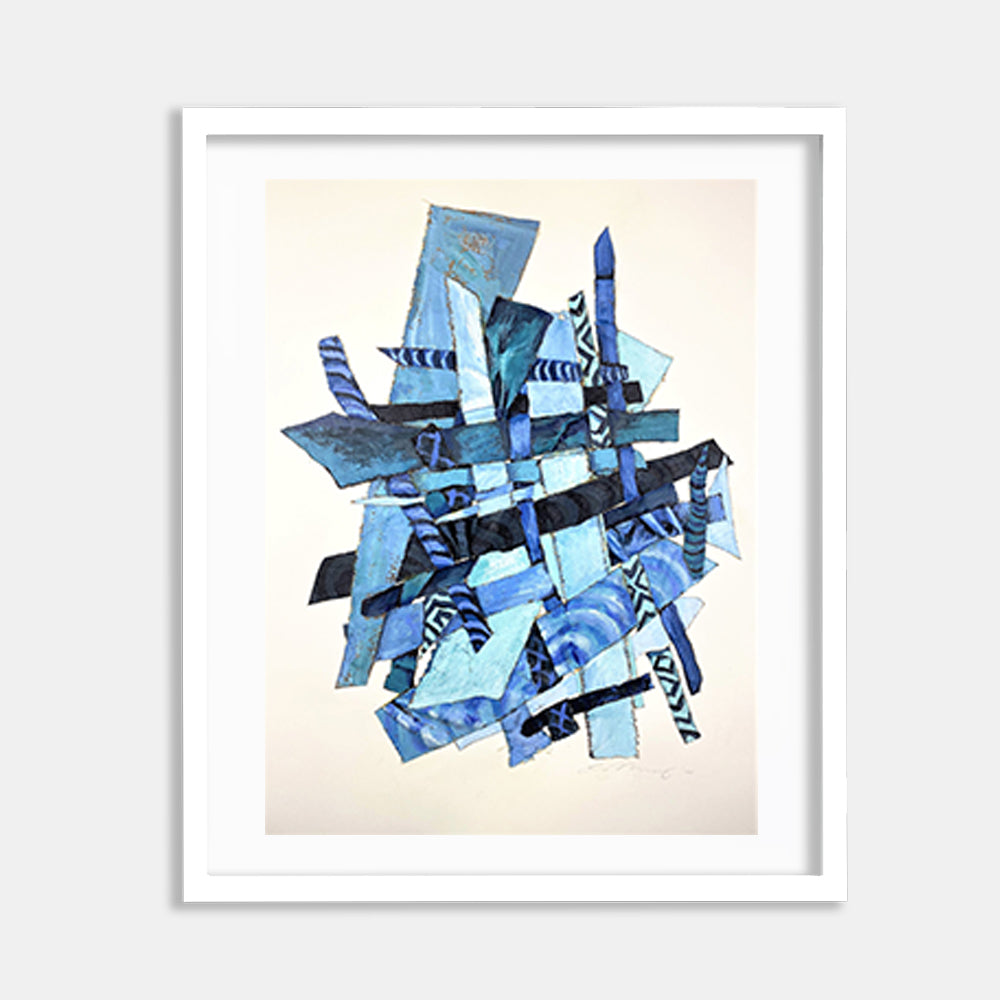 The artwork 'Feeling the Funk' by Christina Massey features an abstract composition of overlapping geometric shapes in various shades of blue. Angular fragments and sharp lines create a dynamic, cubist-inspired collage effect, layered with light and dark blue tones. The mixed media piece combines acrylic paint on canvas and paper, resulting in a rhythmic, jazz-like arrangement within a white frame.