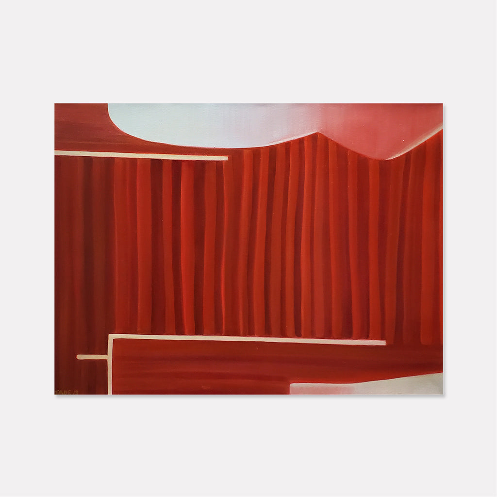 The artwork 'Feline' by Jade Chan features dramatic red curtain-like forms with vertical pleats against a minimalist backdrop. Bold geometric shapes in white and beige intersect the composition, creating abstract architectural elements. The oil painting combines rich crimson tones with subtle light transitions, showcasing contemporary minimalist style on canvas.