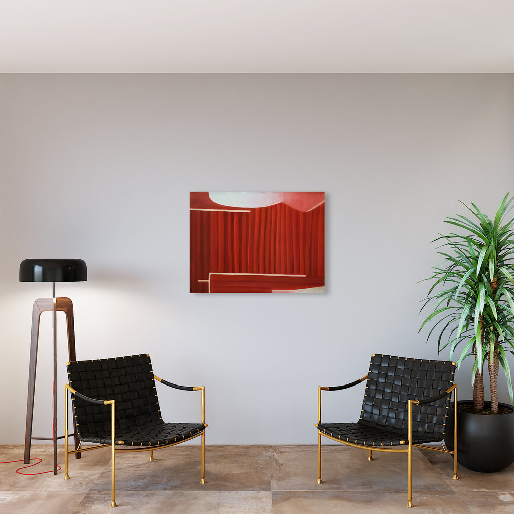 The artwork 'Feline' features bold geometric abstractions in vibrant red hues, displaying theatrical curtain-like forms against a white backdrop. The oil painting creates dramatic depth through overlapping shapes and minimalist composition, capturing a sense of movement and architectural elegance on a 30x40 inch canvas. By Jade Chan.