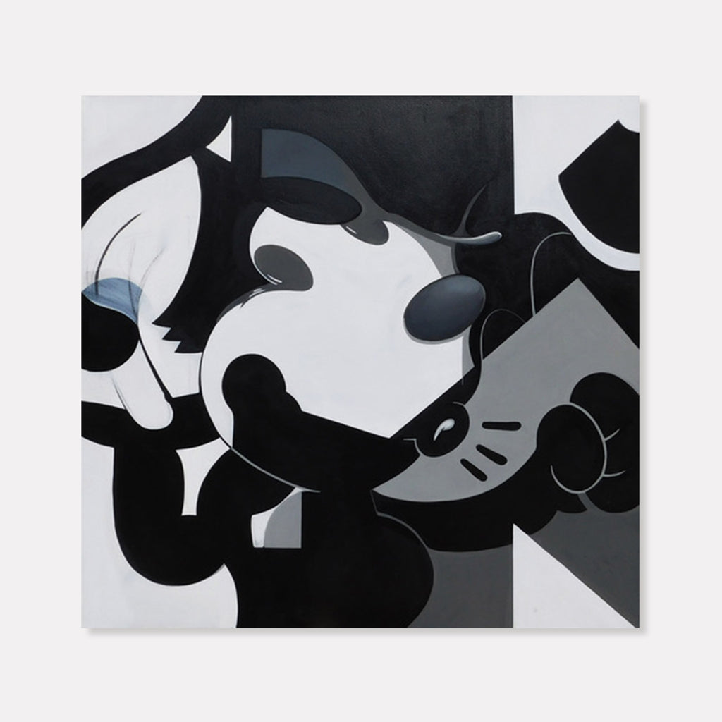The artwork 'Felix' by Ellannah Sadkin features a bold monochromatic composition depicting an abstract cartoon character in black, white, and gray tones. The 30x30 inch acrylic painting showcases curved organic shapes and geometric elements, creating a dynamic contemporary pop art interpretation. The piece demonstrates a masterful balance of positive and negative space through its graphic style.