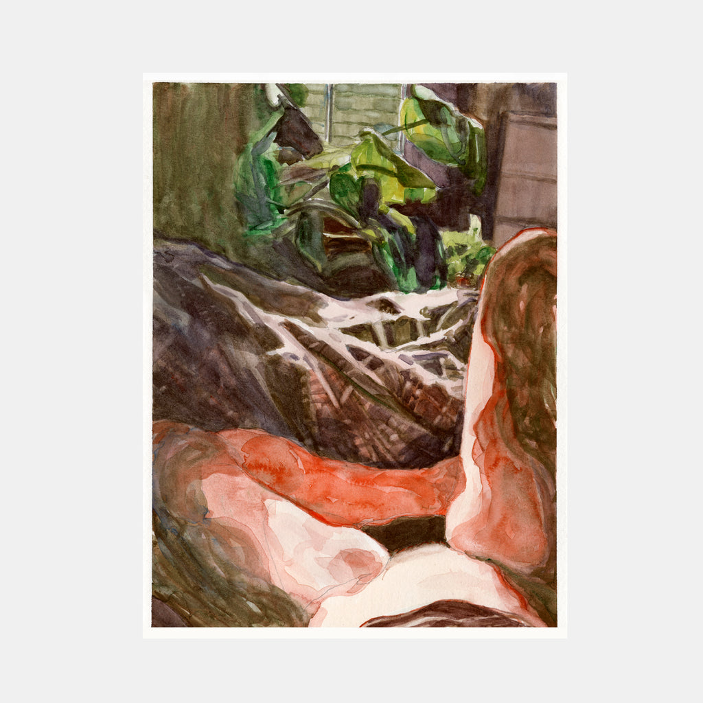 The artwork 'Feminine Origins' by Amelia Galgon features an abstract watercolor composition with organic shapes in coral pink and earthy browns, complemented by vibrant green foliage in the background. The flowing brushstrokes create a dynamic interplay between light and shadow, while pencil details add subtle texture to the 12x9 inch piece.