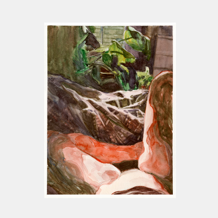 The artwork 'Feminine Origins' by Amelia Galgon features an abstract watercolor composition with organic shapes in coral pink and earthy browns, complemented by vibrant green foliage in the background. The flowing brushstrokes create a dynamic interplay between light and shadow, while pencil details add subtle texture to the 12x9 inch piece.
