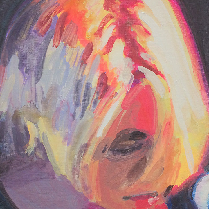 The artwork 'Fergus (live)' by Michelle Selwa features dynamic brushstrokes in vibrant coral, yellow, and purple hues flowing across a hardboard panel. Abstract expressionist style with bold sweeping gestures creates a sense of movement, rendered in acrylic paint with translucent layers and dramatic color transitions. 12x9 inches by Michelle Selwa.