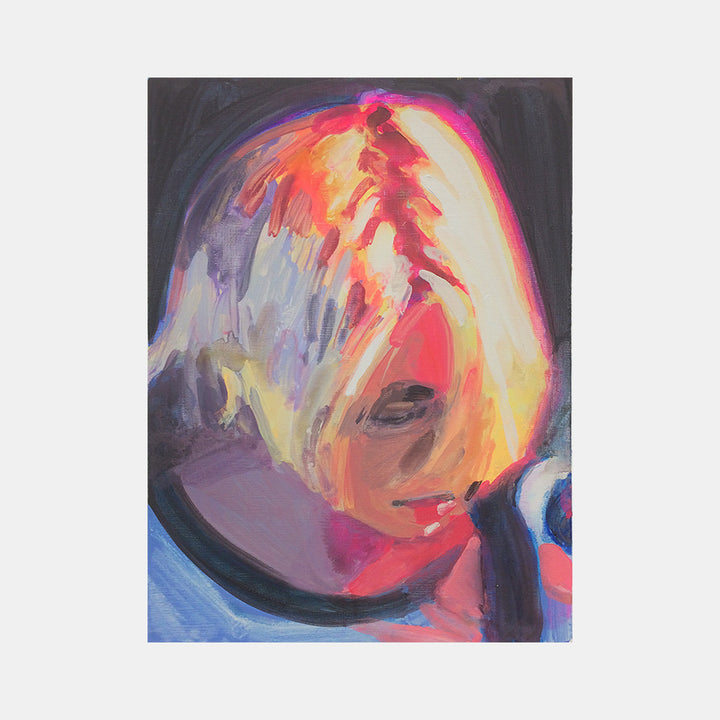 The artwork 'Fergus (live)' by Michelle Selwa features vibrant expressionist brushstrokes in pink, orange, and yellow tones against a dark background. Abstract portrait in acrylic on hardboard panel, showcasing dynamic color transitions and fluid, gestural painting technique. Bold blue accents and ethereal lighting effects create dramatic contrast. 12x9 inches.