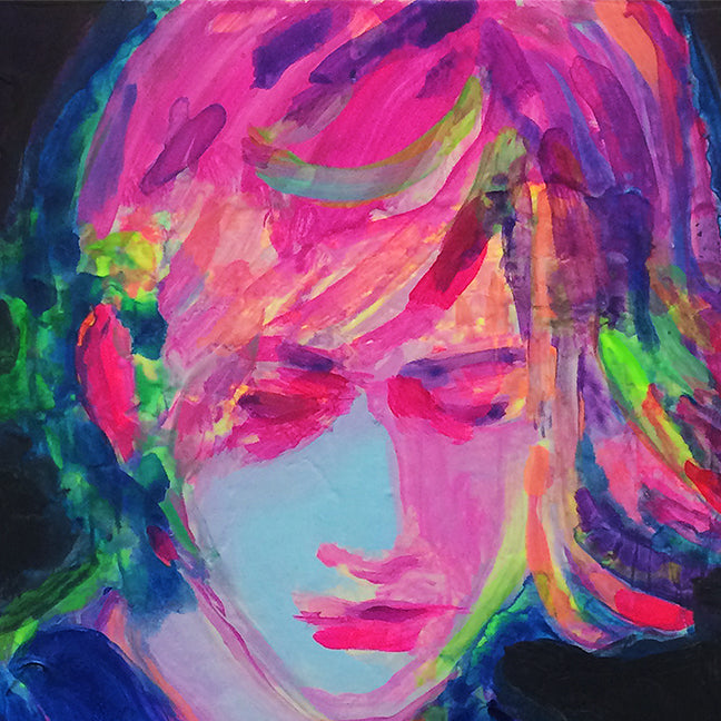 The artwork 'Fergus (manipulated)' features vibrant neon-colored acrylic portrait with abstract expressionist style. Dynamic brushstrokes in hot pink, electric blue, and lime green create a luminous effect. Bold sweeping strokes form a figure against a dark background, showing experimental color manipulation. 12x9 inches acrylic on hardboard by Michelle Selwa.