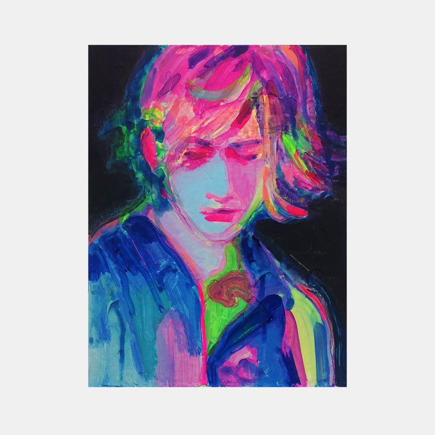 The artwork 'Fergus (manipulated)' by Michelle Selwa features vibrant neon colors in acrylic paint, depicting a portrait against a dark background. Bold strokes of electric pink, turquoise blue, and fluorescent green create a psychedelic effect. The figure appears in contemplative pose, with dynamic brushwork creating movement across the 12x9 inch hardboard panel.