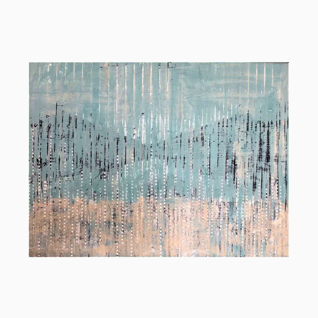 The artwork 'Field' by Shira Toren features vertical rhythmic lines in soft turquoise blue and peach tones, created with Venetian plaster and pigments on canvas. The abstract composition suggests a misty landscape with rain-like striations, blending textural elements in a minimalist style. 30x40 inches. By Shira Toren.