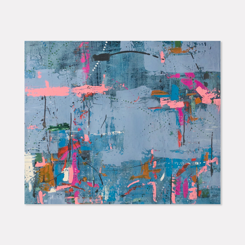The artwork 'Fiesta' features a dynamic abstract composition with vibrant pink splashes against a moody blue-grey background. Layered Venetian plaster creates textural depth, while scattered turquoise and coral accents dance across the canvas in an energetic arrangement. The 30x36 inch piece showcases a contemporary expressionist style with gestural marks and urban-inspired color palette by Shira Toren.