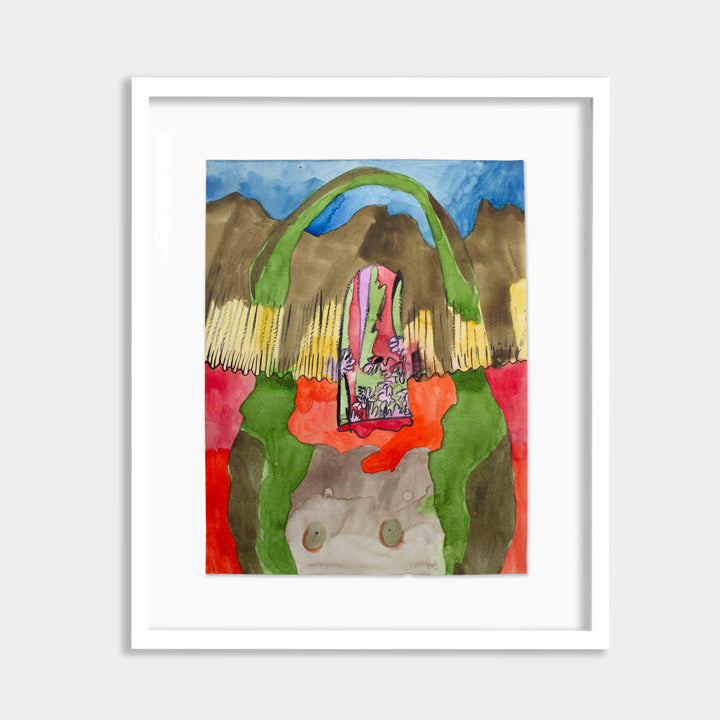 The artwork 'Figure' by Winnie Sidharta features vibrant watercolor composition with bold red foreground and brown mountains against a blue sky. A distinctive green arch frames a colorful geometric pattern in the center, while yellow brushstrokes create a wheat-like texture. The abstract landscape showcases fluid brushwork and dynamic color transitions on paper, measuring 14x11 inches.