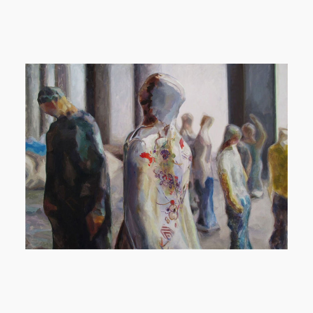 The artwork 'Figure 1' depicts a crowd scene in muted tones, featuring individuals in flowing garments, including a central figure wearing a white floral-patterned dress. The oil painting showcases soft brushwork and atmospheric lighting, creating a dreamy, impressionistic quality. The composition captures movement and social interaction in an indoor setting with pillars. By Elody Gyekis.