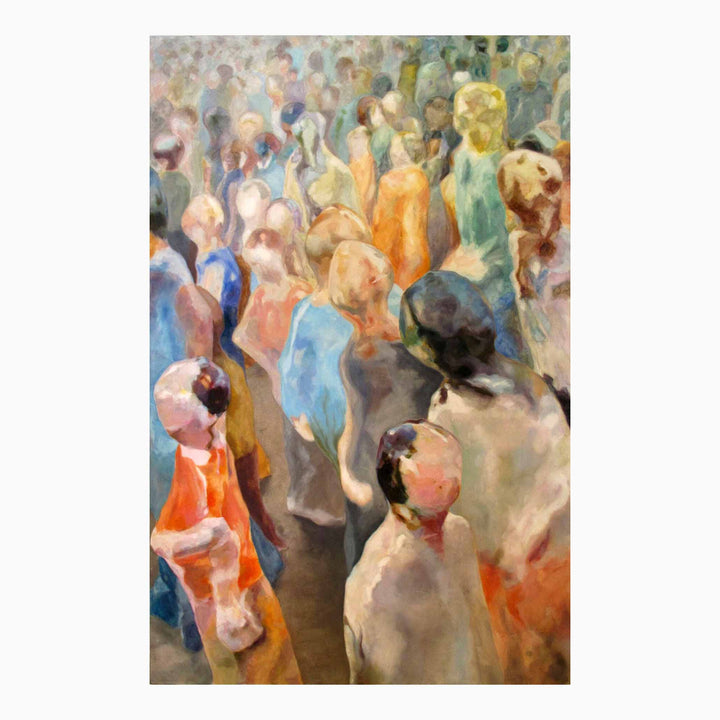 The artwork 'Figure 2' by Elody Gyekis depicts an impressionistic crowd scene rendered in oil on canvas, featuring soft, blended brushstrokes in muted pastels and vibrant oranges. Abstract figures merge together in a dreamy, ethereal composition, creating a sense of movement and community through watercolor-like textures and flowing forms.