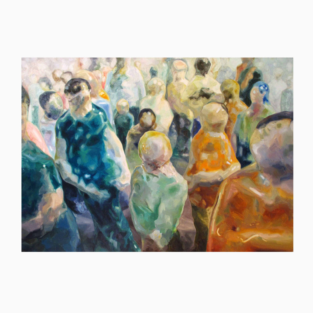 The artwork 'Figure 4' oil painting depicts a crowd scene rendered in impressionistic style, featuring flowing brushstrokes in vibrant teals, oranges, and soft pastels. Abstract figures blend together in a dynamic composition, creating a sense of movement and community through loose, expressive brushwork on canvas. By Elody Gyekis.