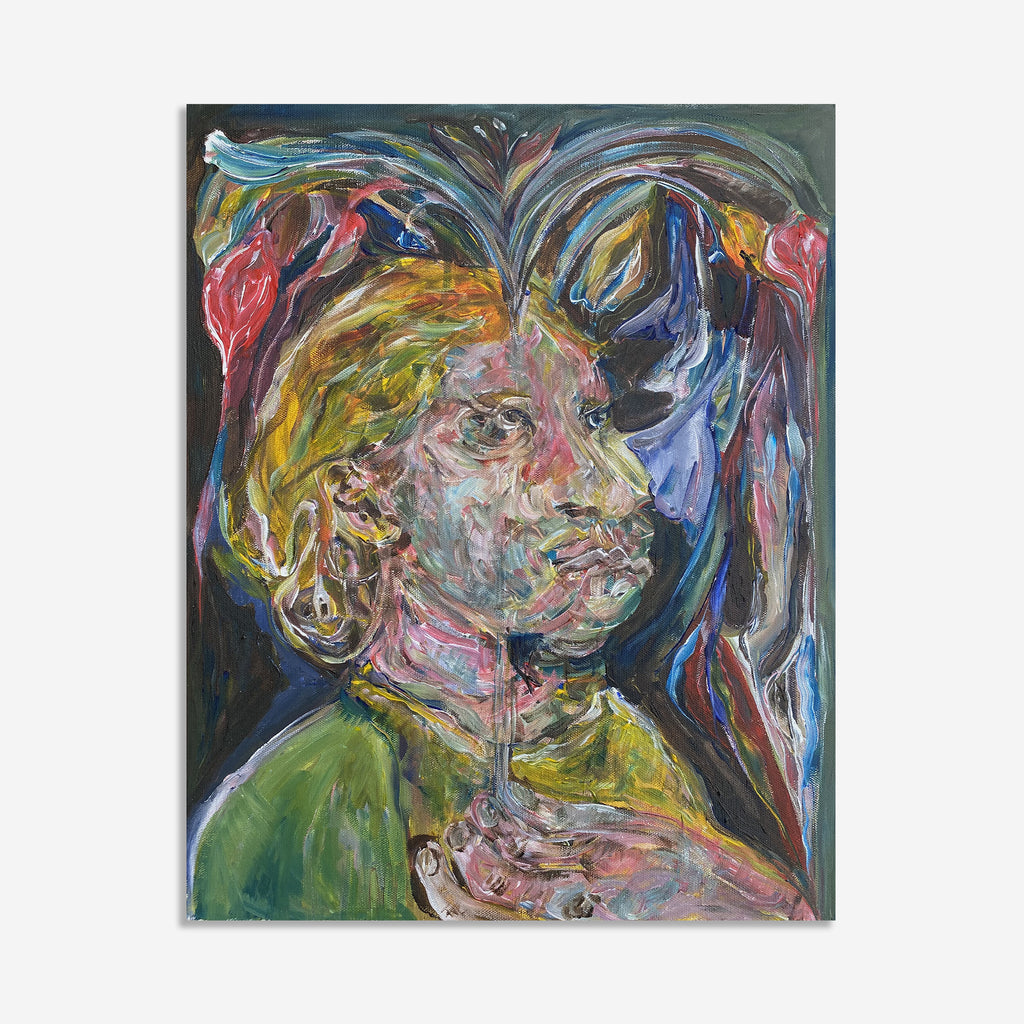 The artwork 'Figure with Blooming Flowers' by Chancy Glance features an expressionistic painting with vibrant swirling brushstrokes in blues, reds, yellows, and greens against a dark background. Abstract floral elements emerge from dynamic gestural marks, creating a composition that blends organic forms with bold colors on gallery wrapped canvas.