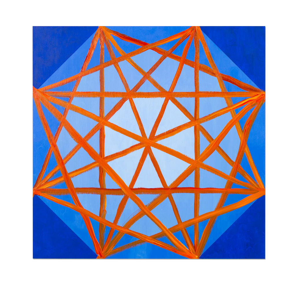 The artwork 'Fireland' features a striking geometric pattern with vibrant orange intersecting lines forming a complex star-like structure against a bold blue background. The abstract design creates a symmetrical web of triangular shapes radiating from a central point. The 24x24 inch acrylic painting on panel demonstrates precise linework and strong color contrast by Amber Heaton.