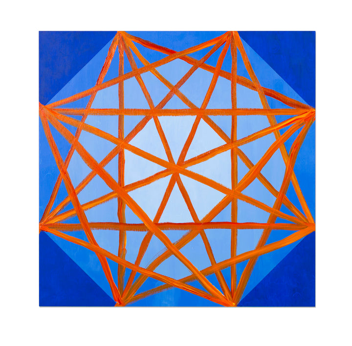 The artwork 'Fireland' features a striking geometric pattern with vibrant orange intersecting lines forming a complex star-like structure against a bold blue background. The abstract design creates a symmetrical web of triangular shapes radiating from a central point. The 24x24 inch acrylic painting on panel demonstrates precise linework and strong color contrast by Amber Heaton.