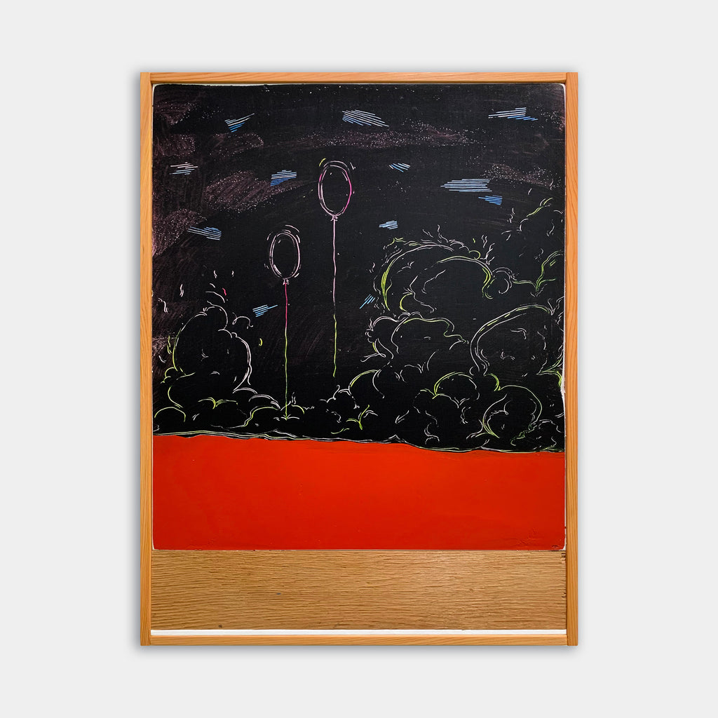 The artwork 'First Infinity' by Evan Peltzman features abstract minimalist composition with two delicate flower-like stems rising against a dark night sky with scattered blue clouds. The striking red horizontal band contrasts with the textured wooden panel base, creating a layered effect using ink, acrylic, and plaster on wood.