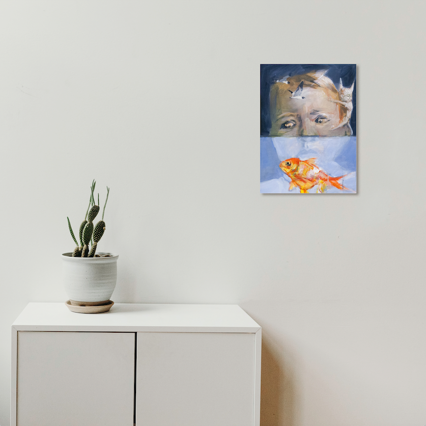 The artwork 'Fish Bowl' features a vibrant orange goldfish swimming in serene blue waters against a light background, split-composition in acrylic on canvas. The painting showcases expressive brushstrokes and fluid movement, capturing aquatic tranquility in a 24x18 inch format. By Chris Baily.